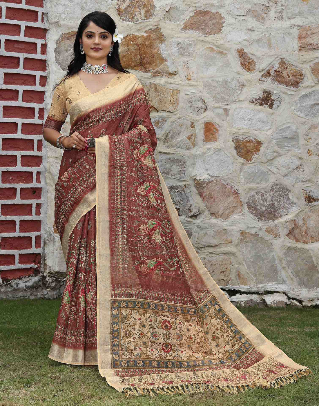 Dark Brown Cotton Printed Saree