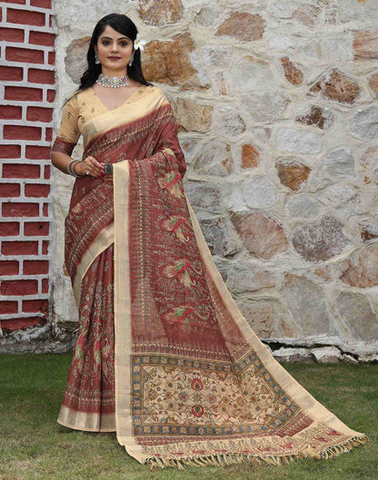 Dark Brown Cotton Printed Saree