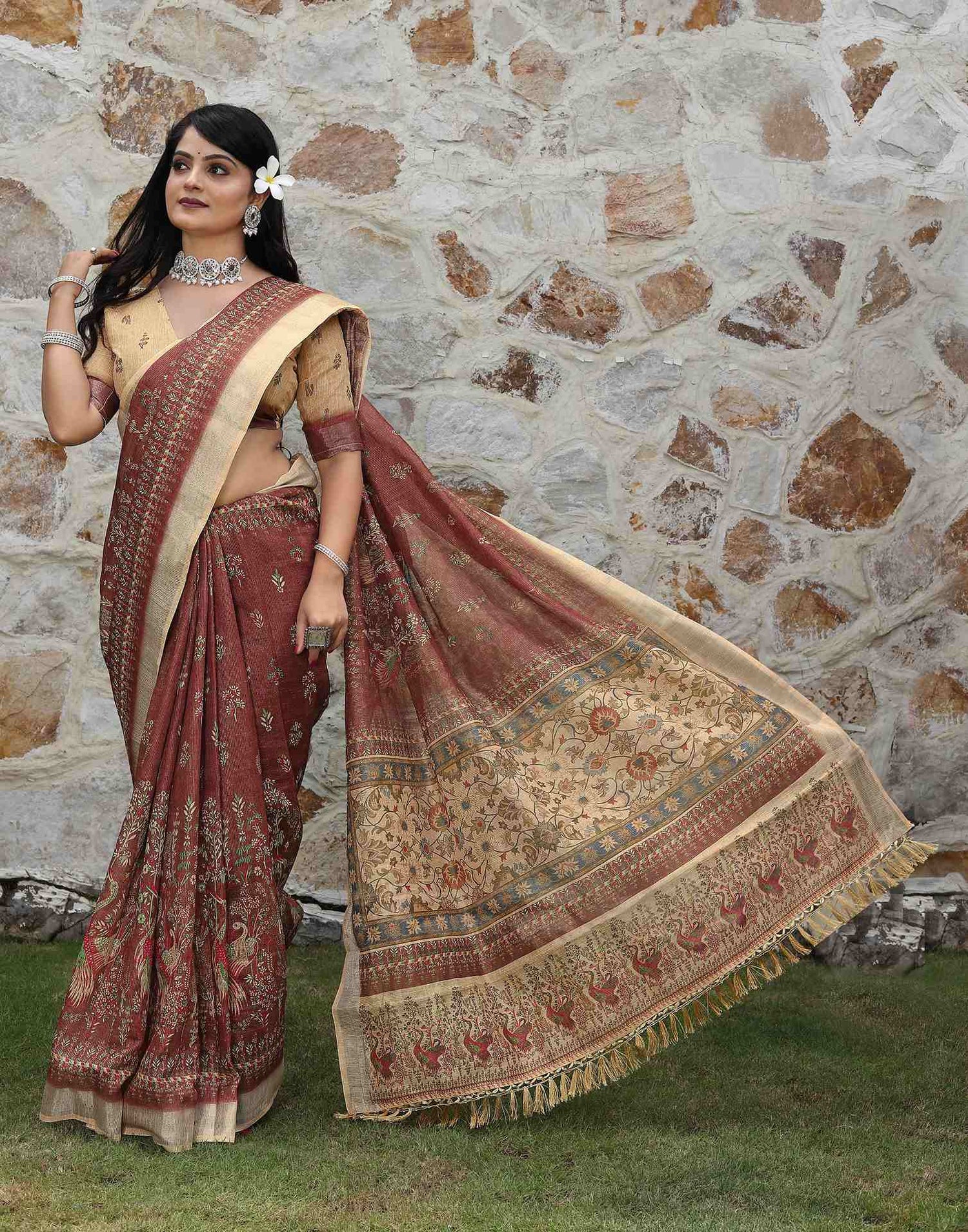 Dark Brown Cotton Printed Saree