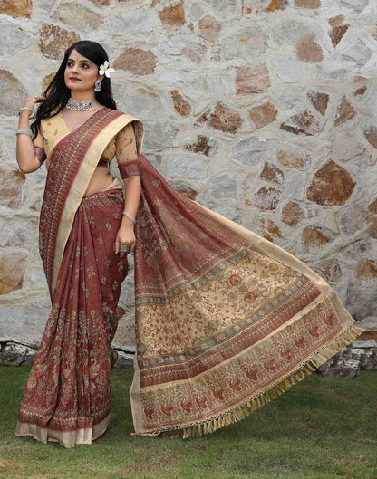 Dark Brown Cotton Printed Saree