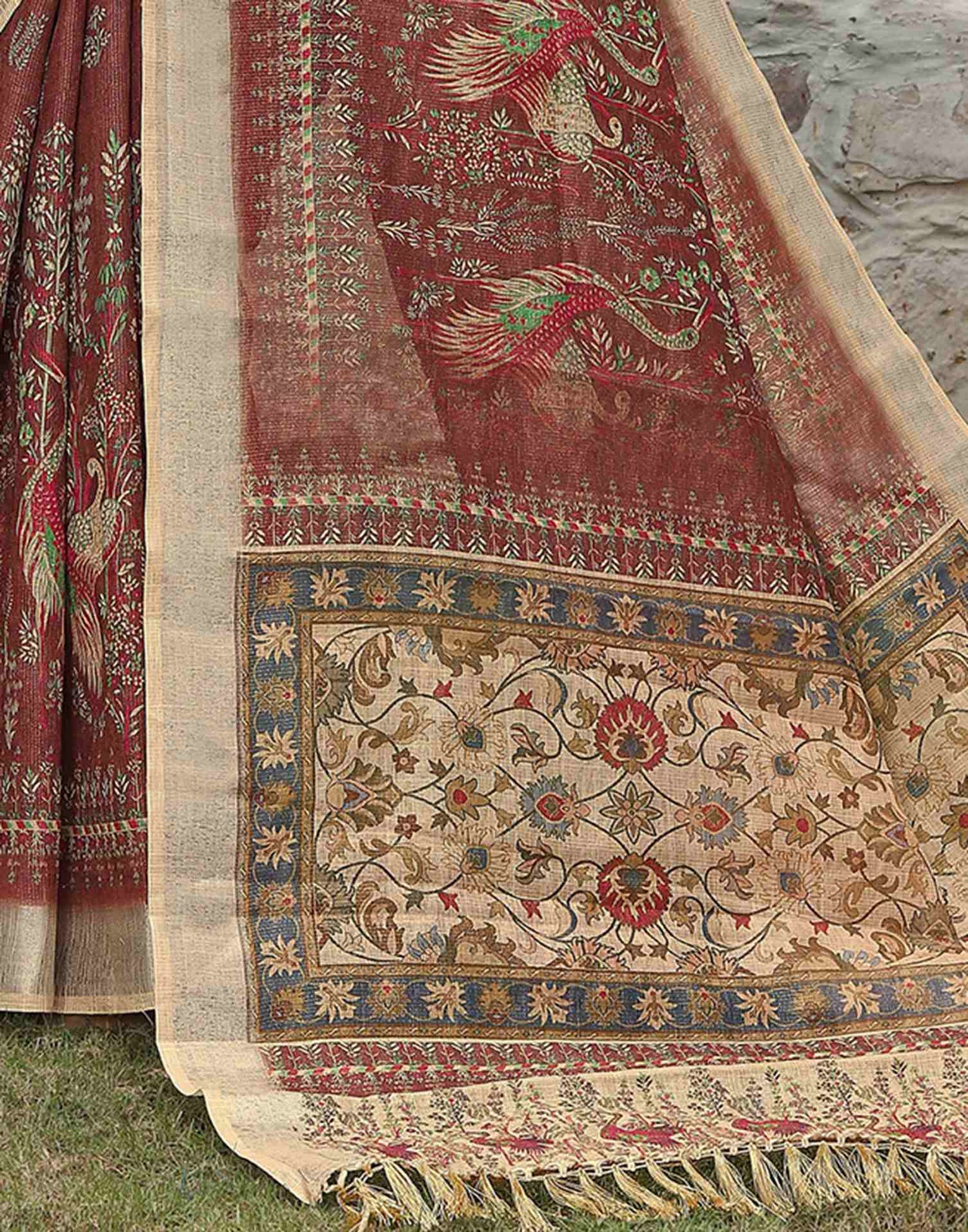 Dark Brown Cotton Printed Saree