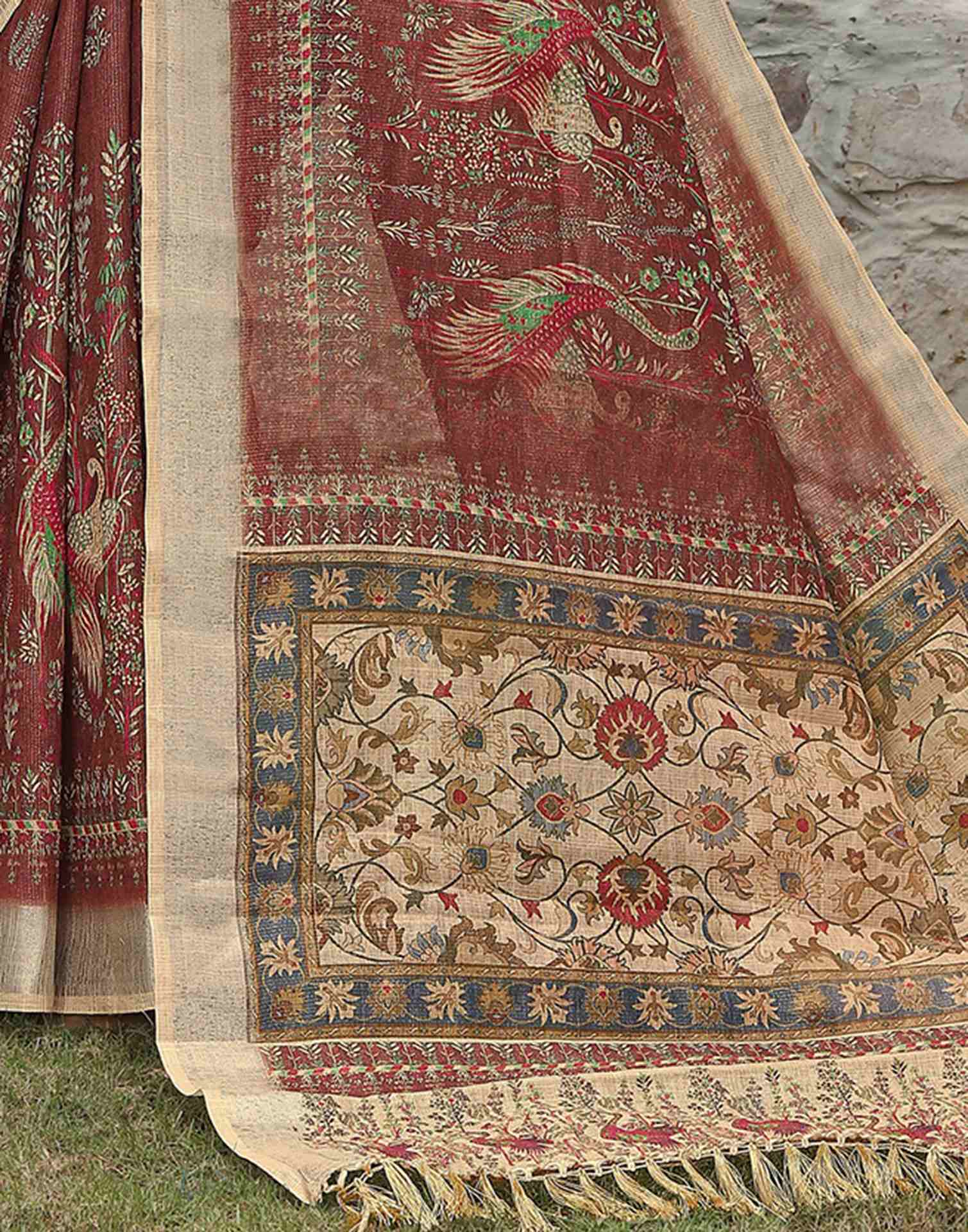 Dark Brown Cotton Printed Saree