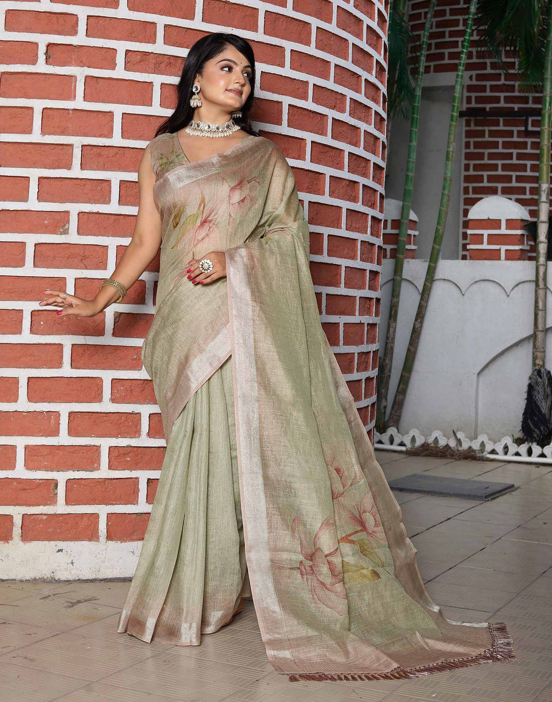 Khaki Cotton Floral Printed Saree