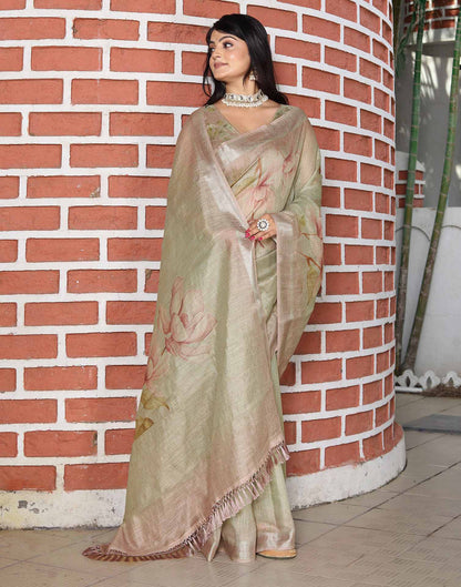 Khaki Cotton Floral Printed Saree