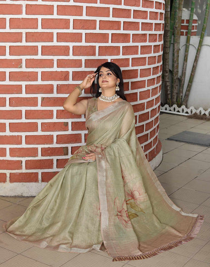 Khaki Cotton Floral Printed Saree