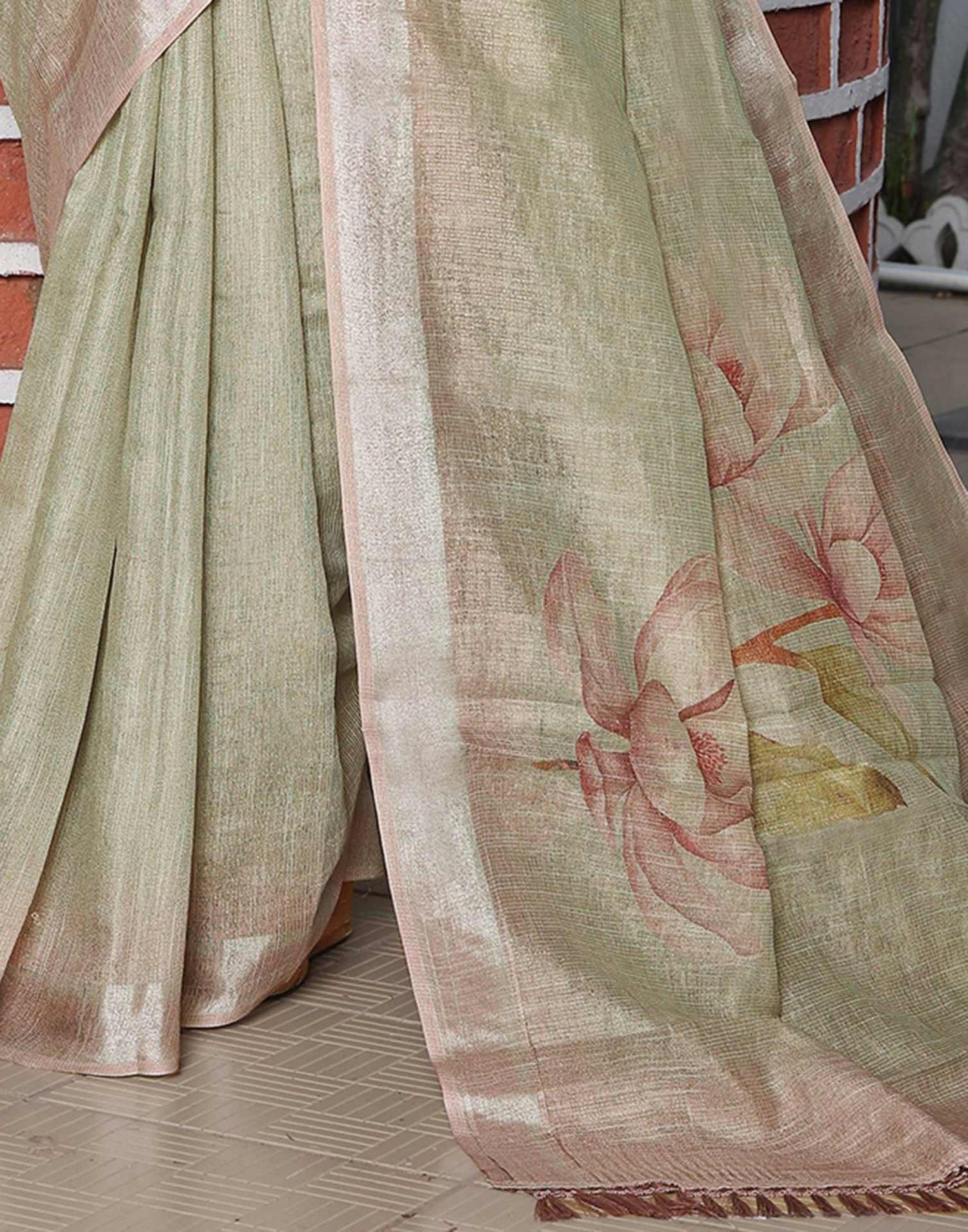 Khaki Cotton Floral Printed Saree