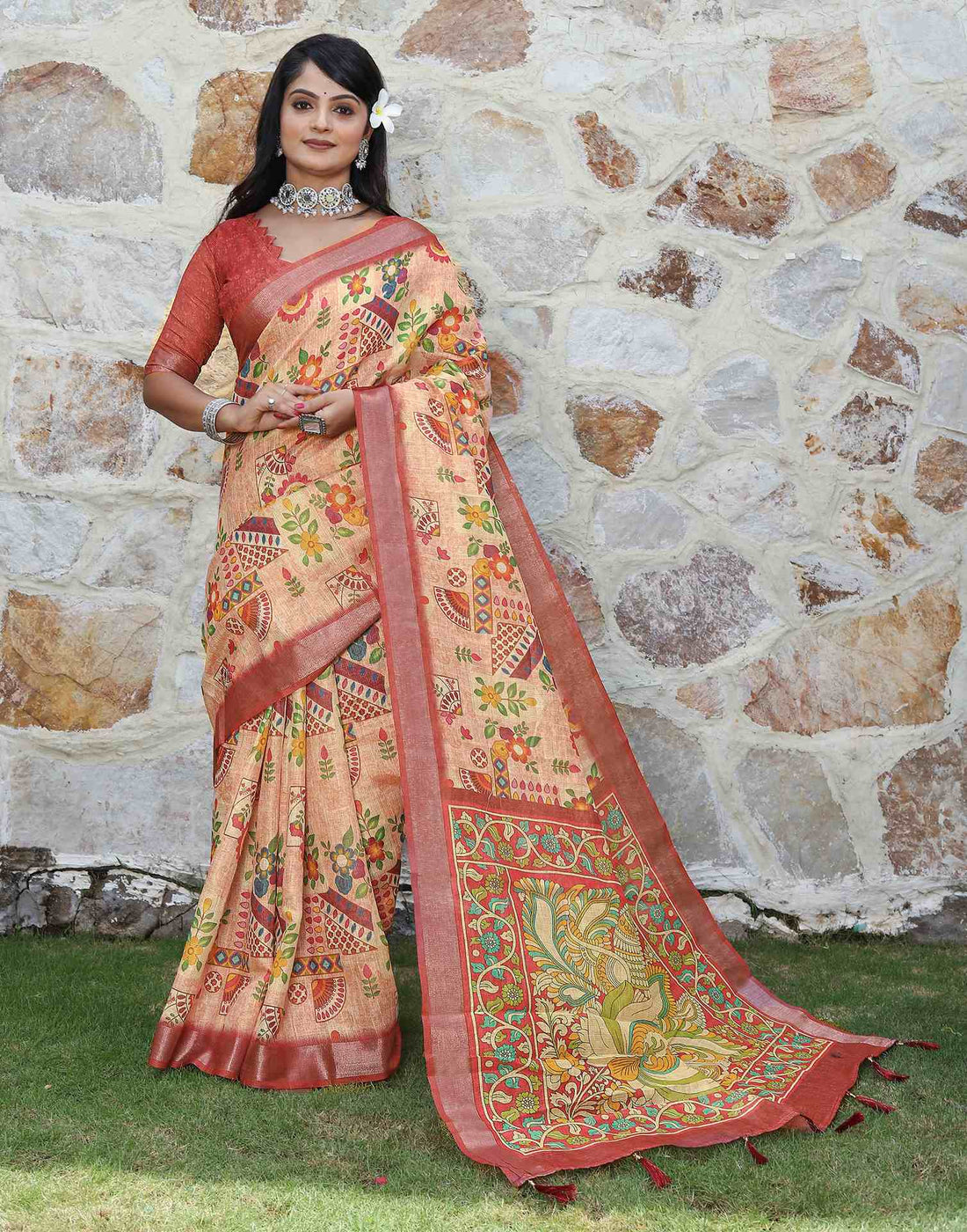 Peach Cotton Printed Saree