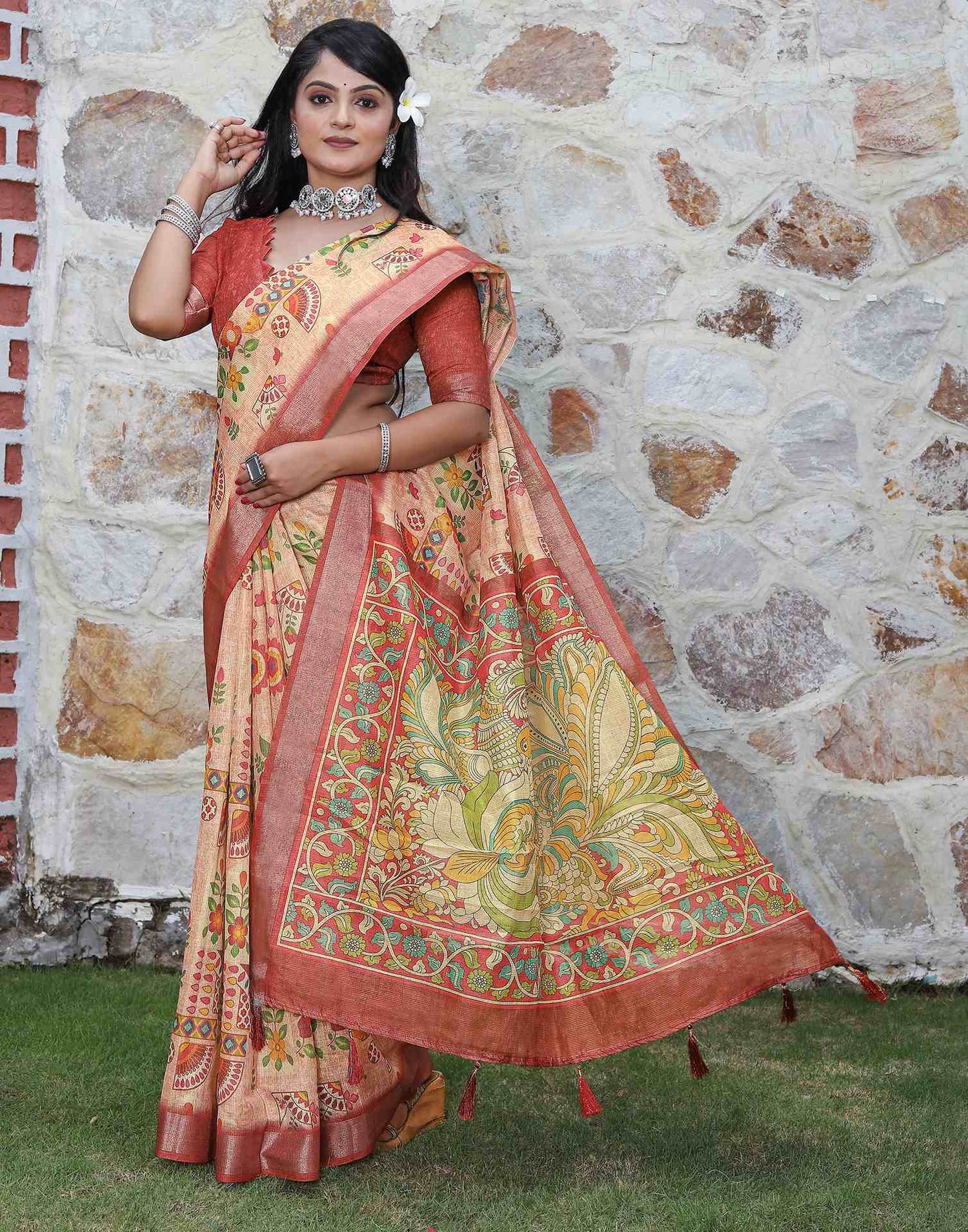 Peach Cotton Printed Saree