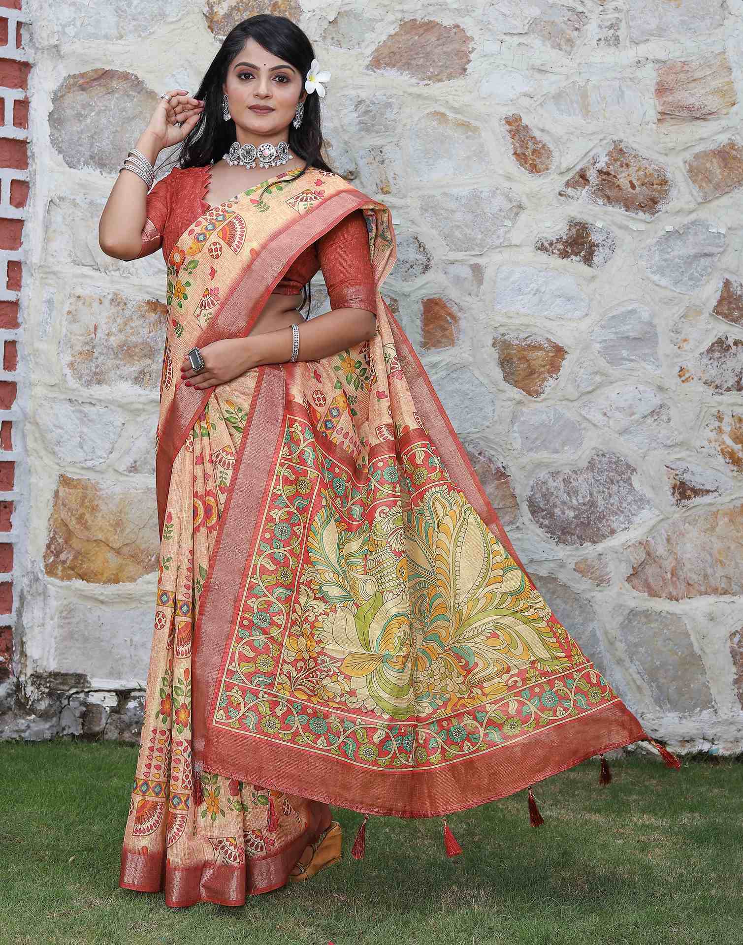 Peach Cotton Printed Saree