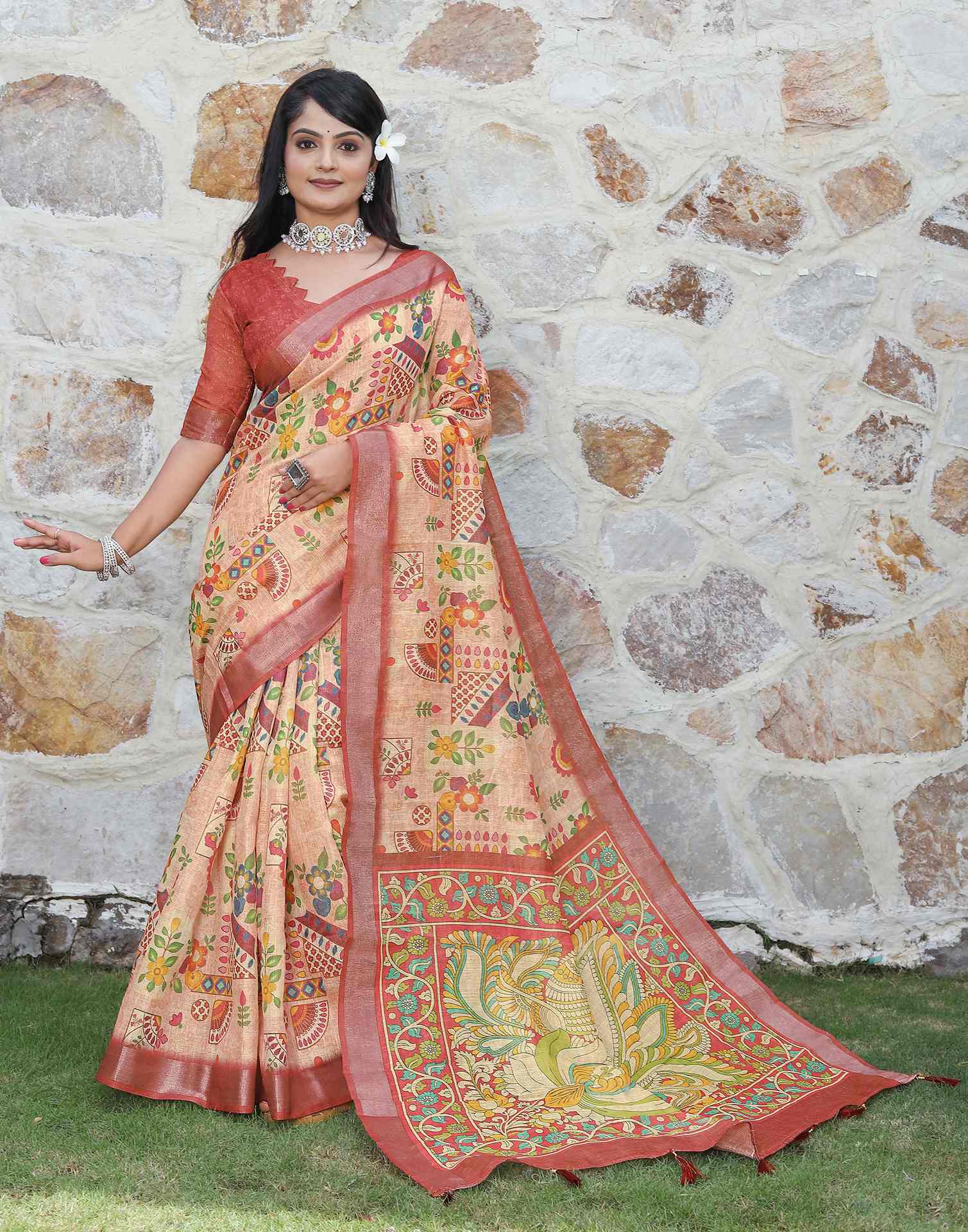 Peach Cotton Printed Saree