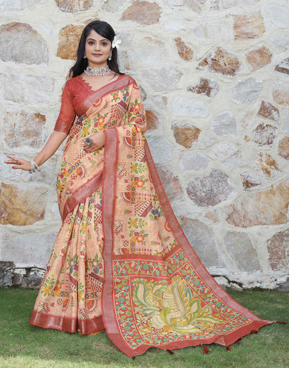 Peach Cotton Printed Saree