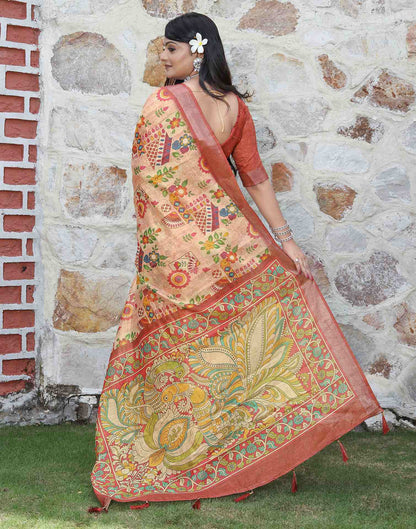 Peach Cotton Printed Saree