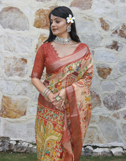 Peach Cotton Printed Saree
