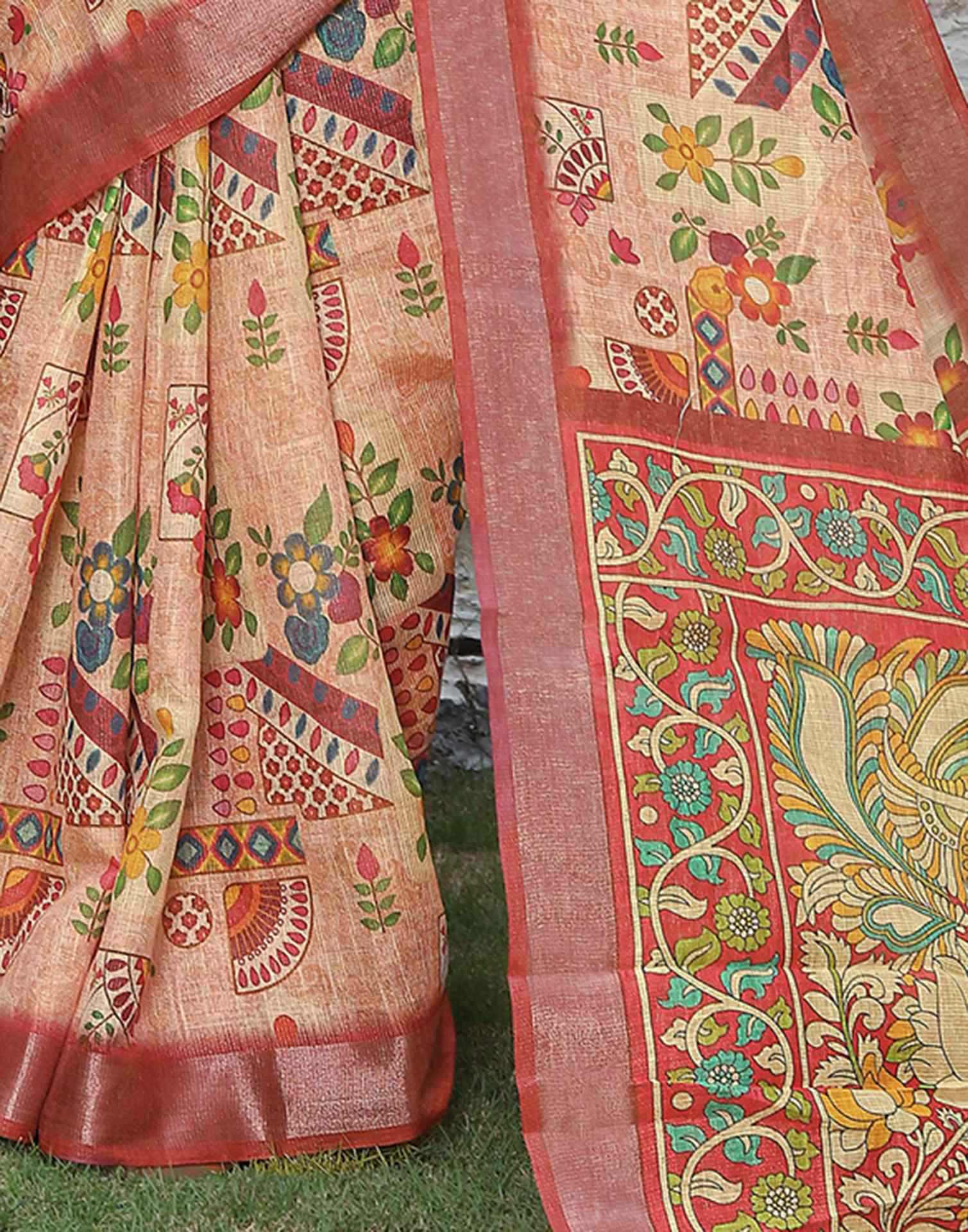 Peach Cotton Printed Saree