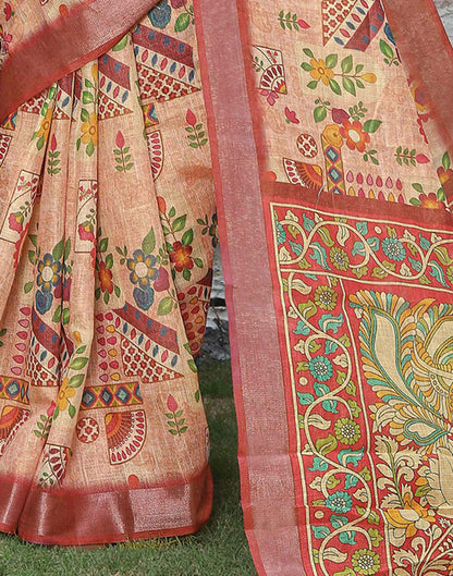 Peach Cotton Printed Saree