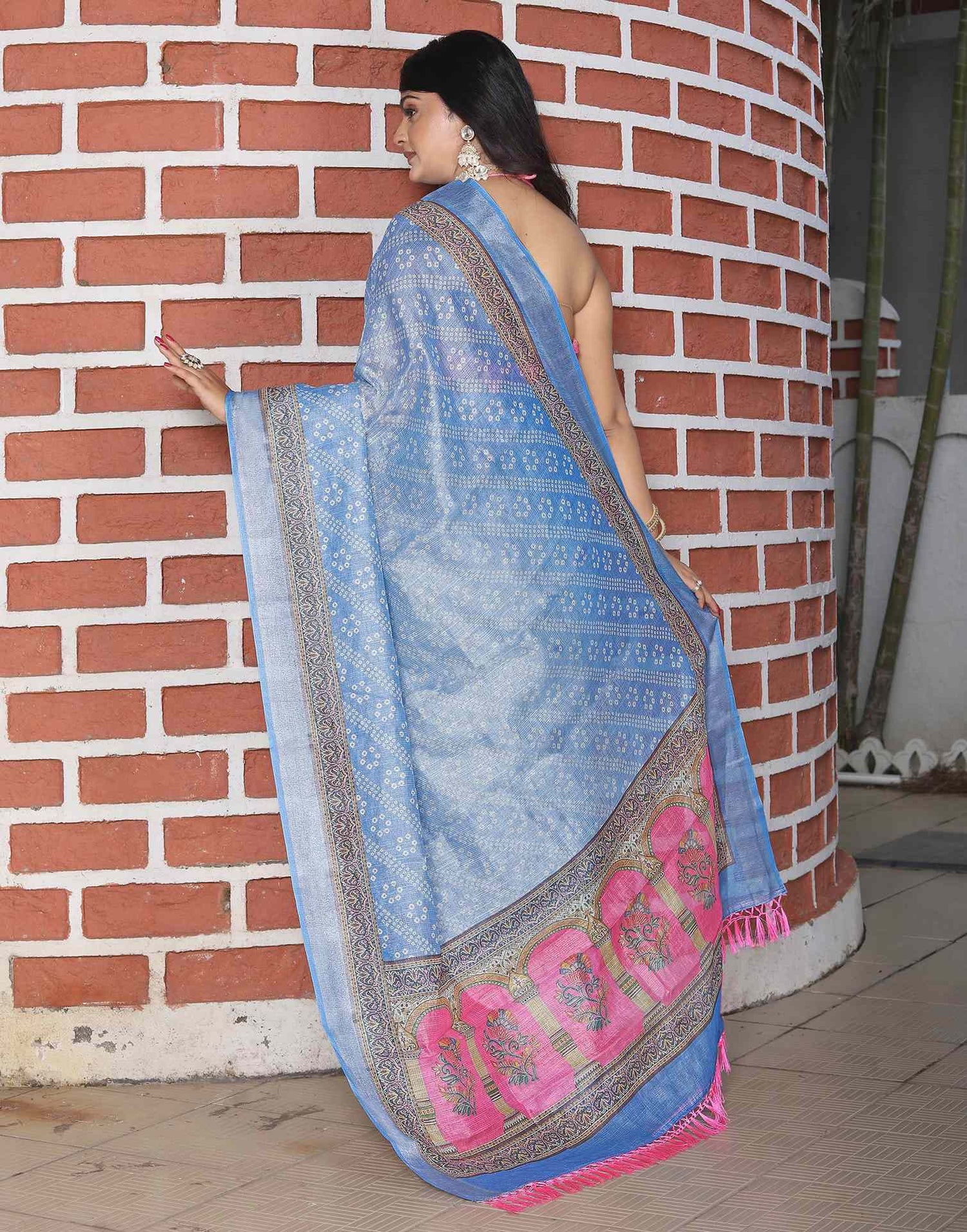 Light Blue Cotton Printed Bandhani Saree