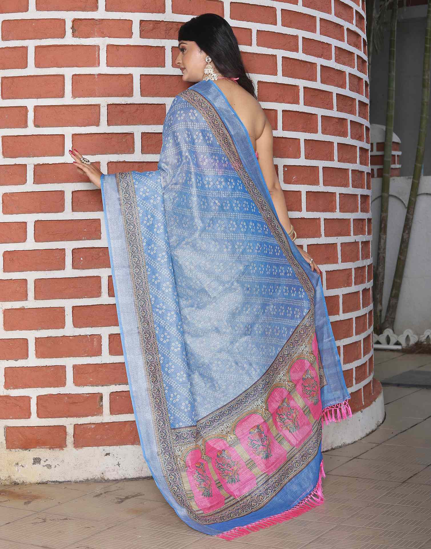 Light Blue Cotton Printed Bandhani Saree