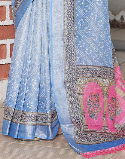 Light Blue Cotton Printed Bandhani Saree