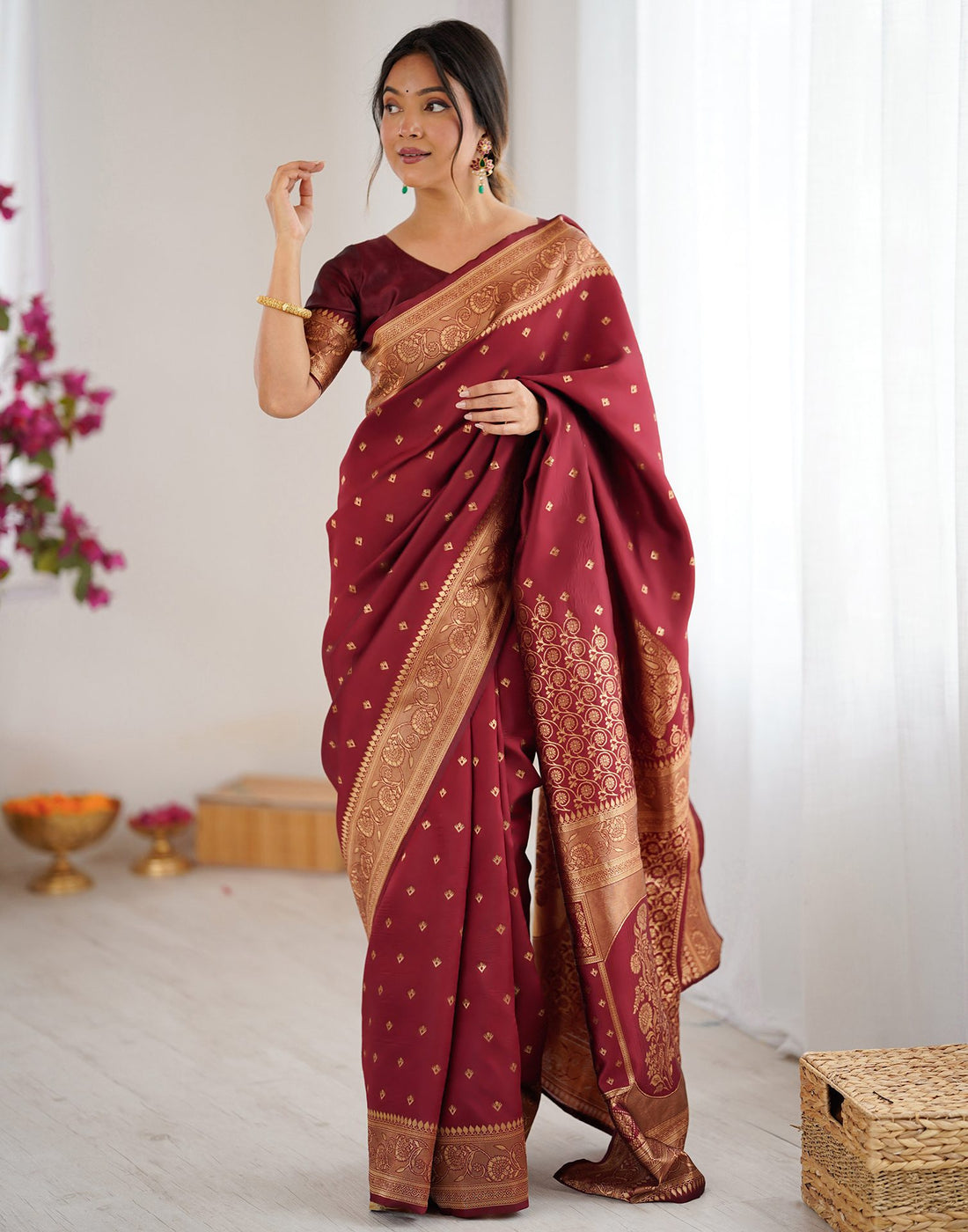 Maroon Silk Woven Banarasi Saree