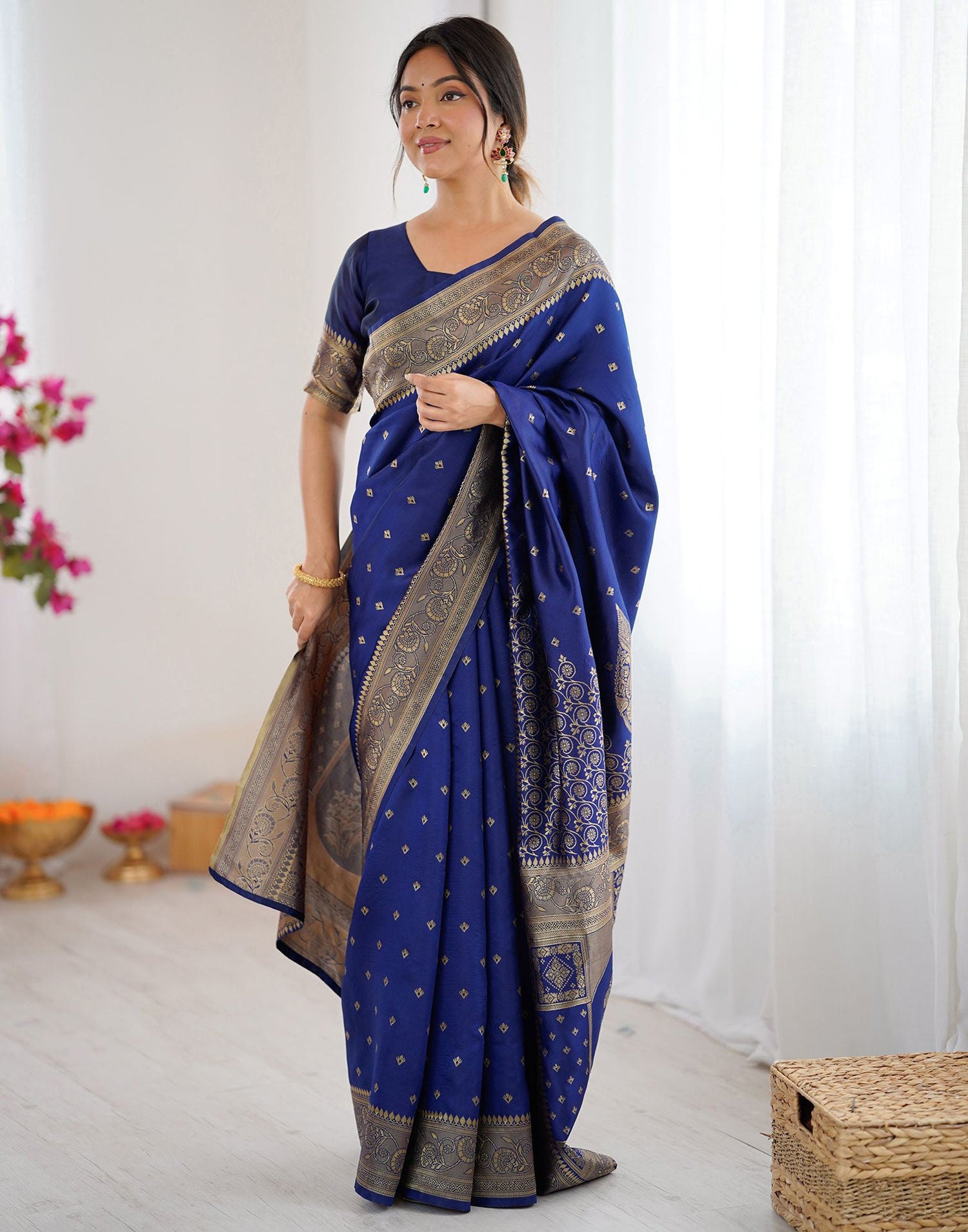 Navy Blue Silk Woven Banarasi Saree
