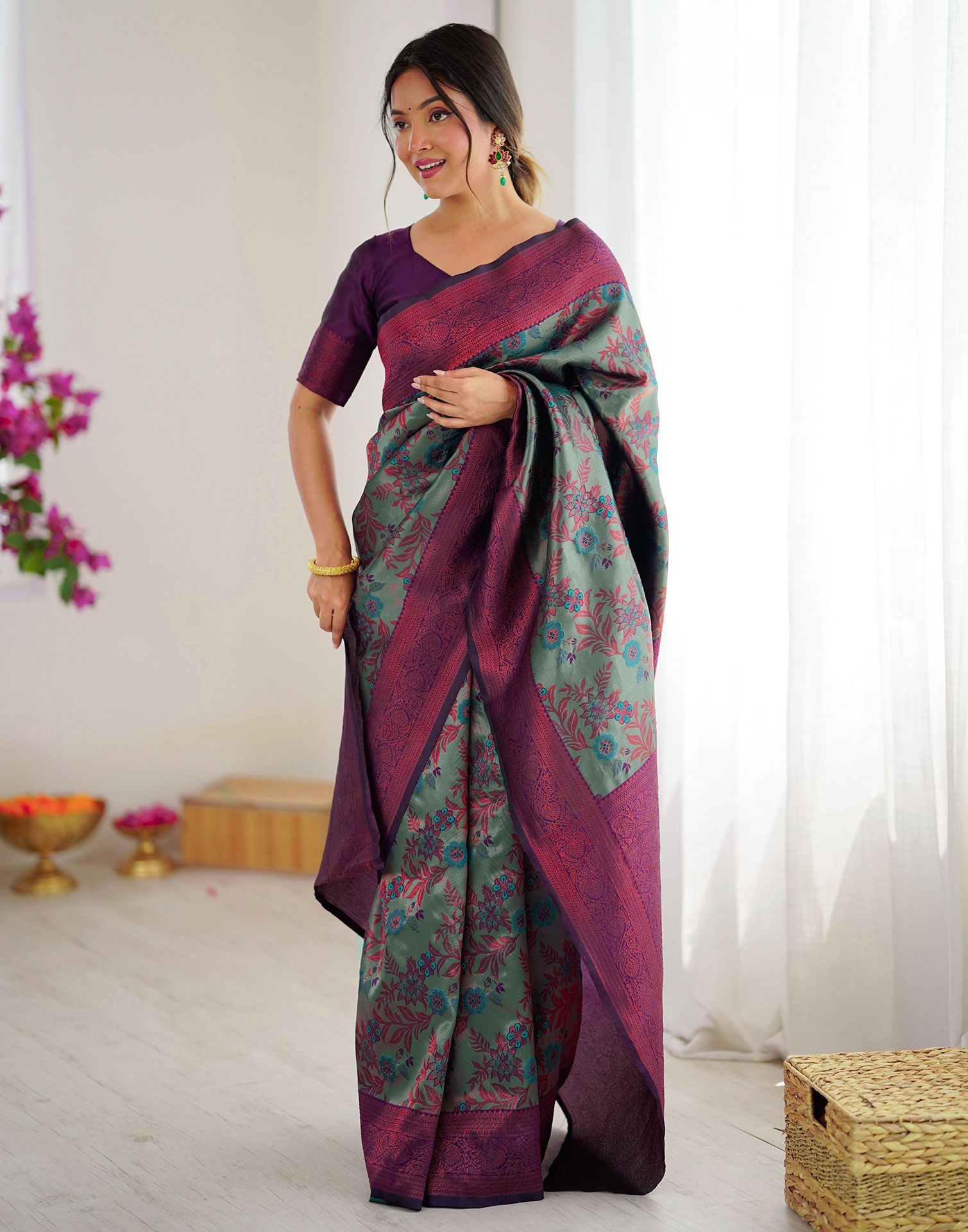 Teal Green Silk Woven Saree