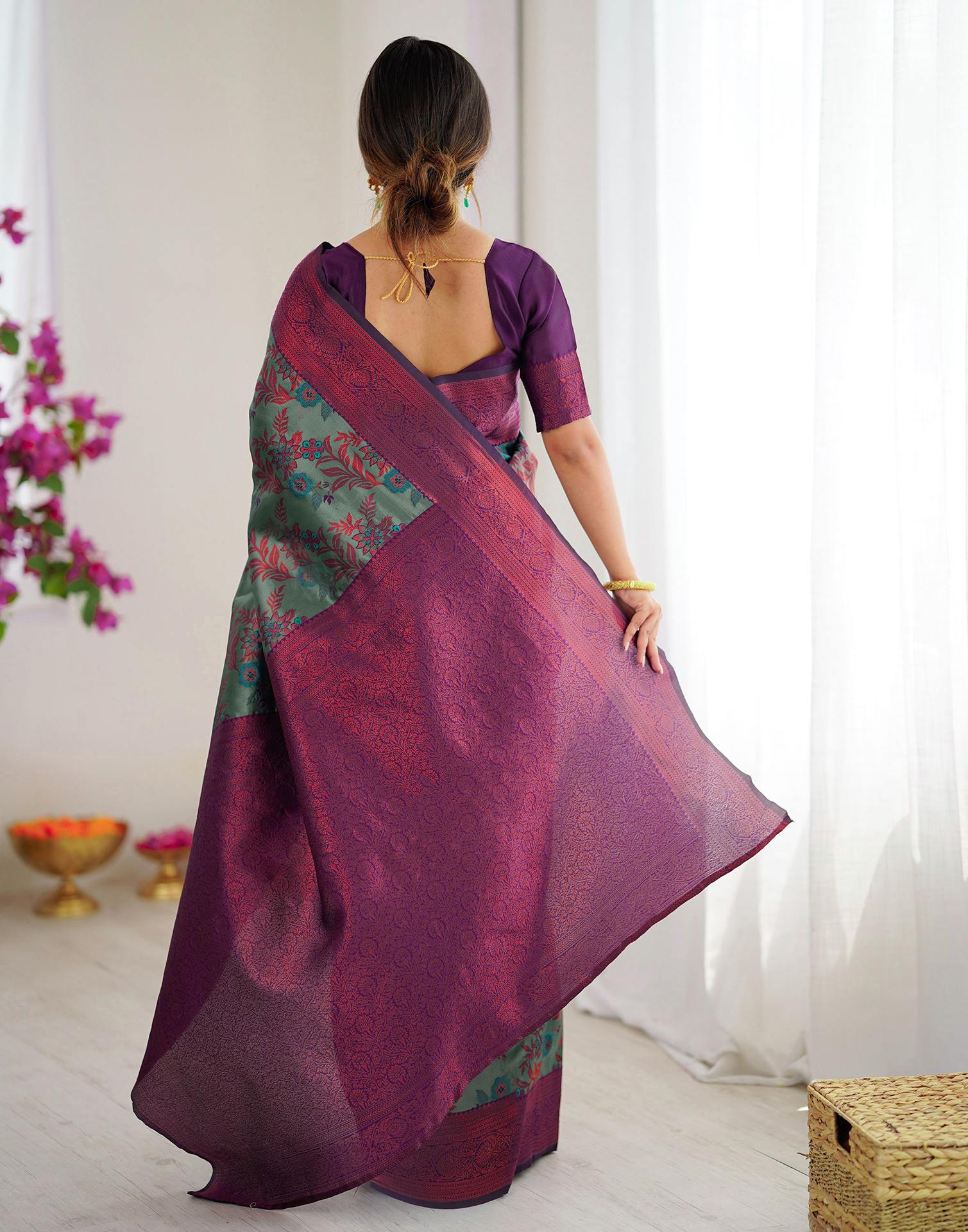 Teal Green Silk Woven Saree