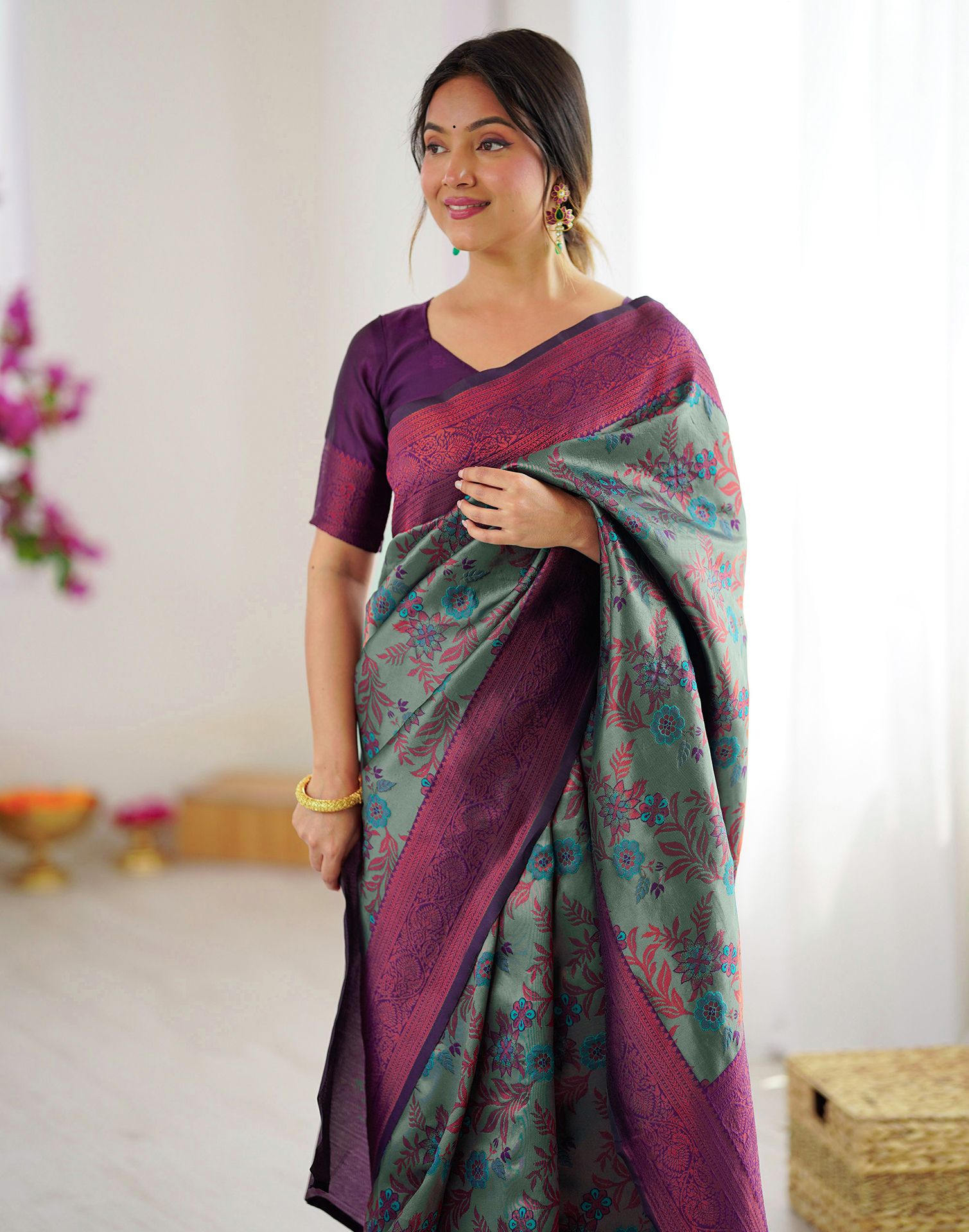 Teal Green Silk Woven Saree
