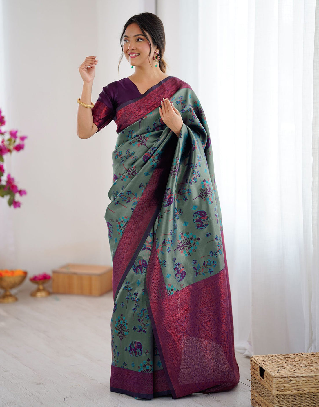 Teal Green Silk Woven Saree