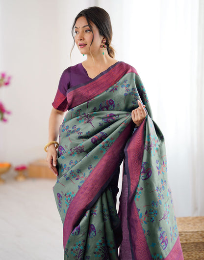 Teal Green Silk Woven Saree