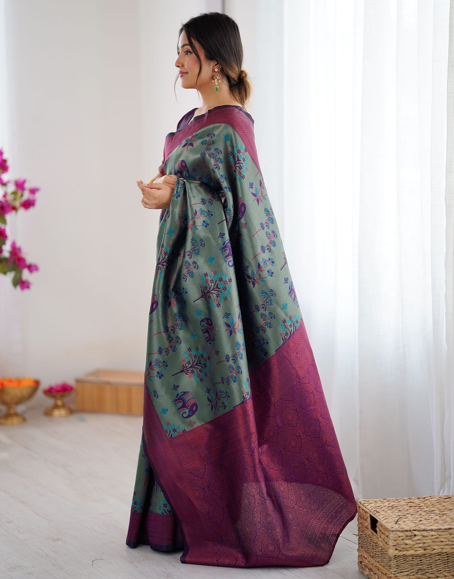 Teal Green Silk Woven Saree