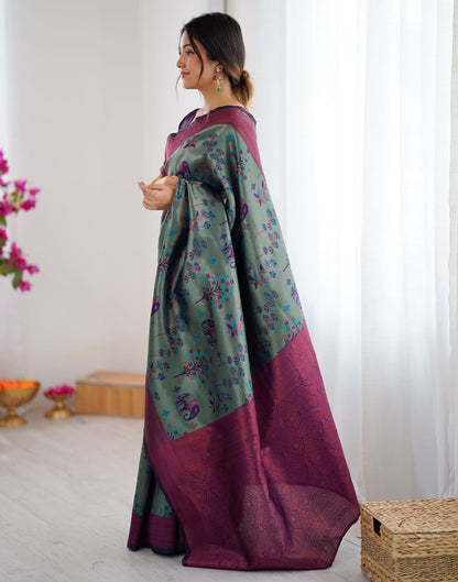 Teal Green Silk Woven Saree