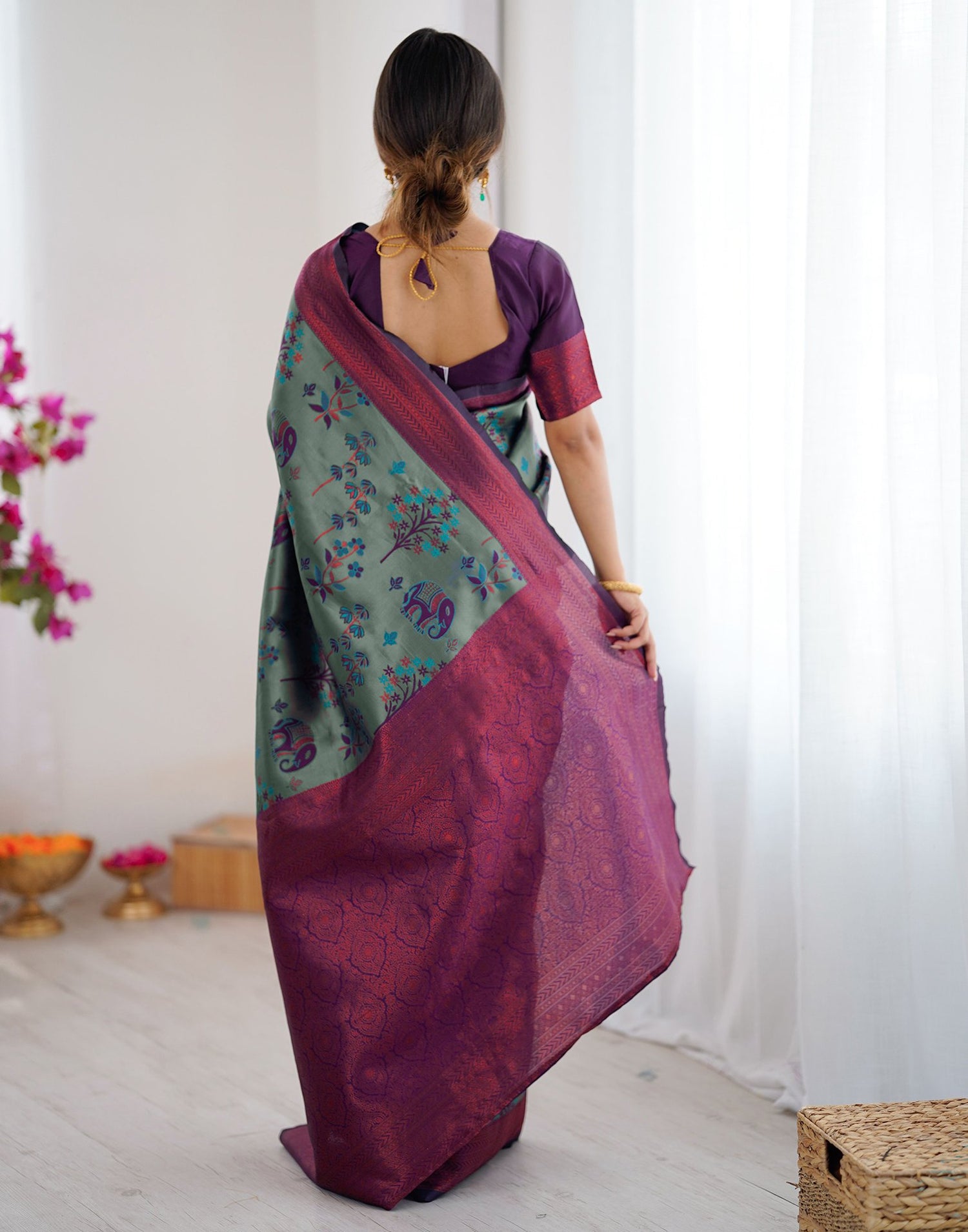 Teal Green Silk Woven Saree