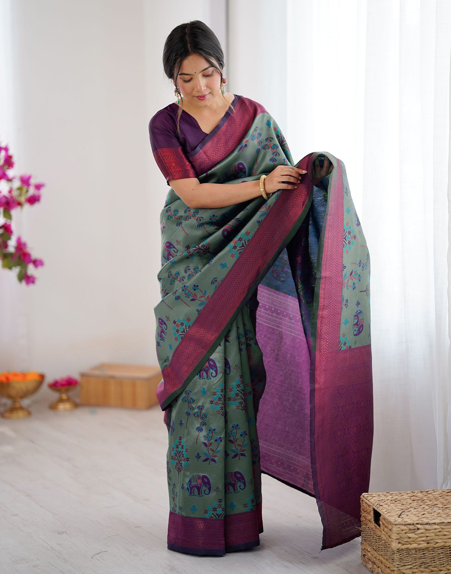 Teal Green Silk Woven Saree