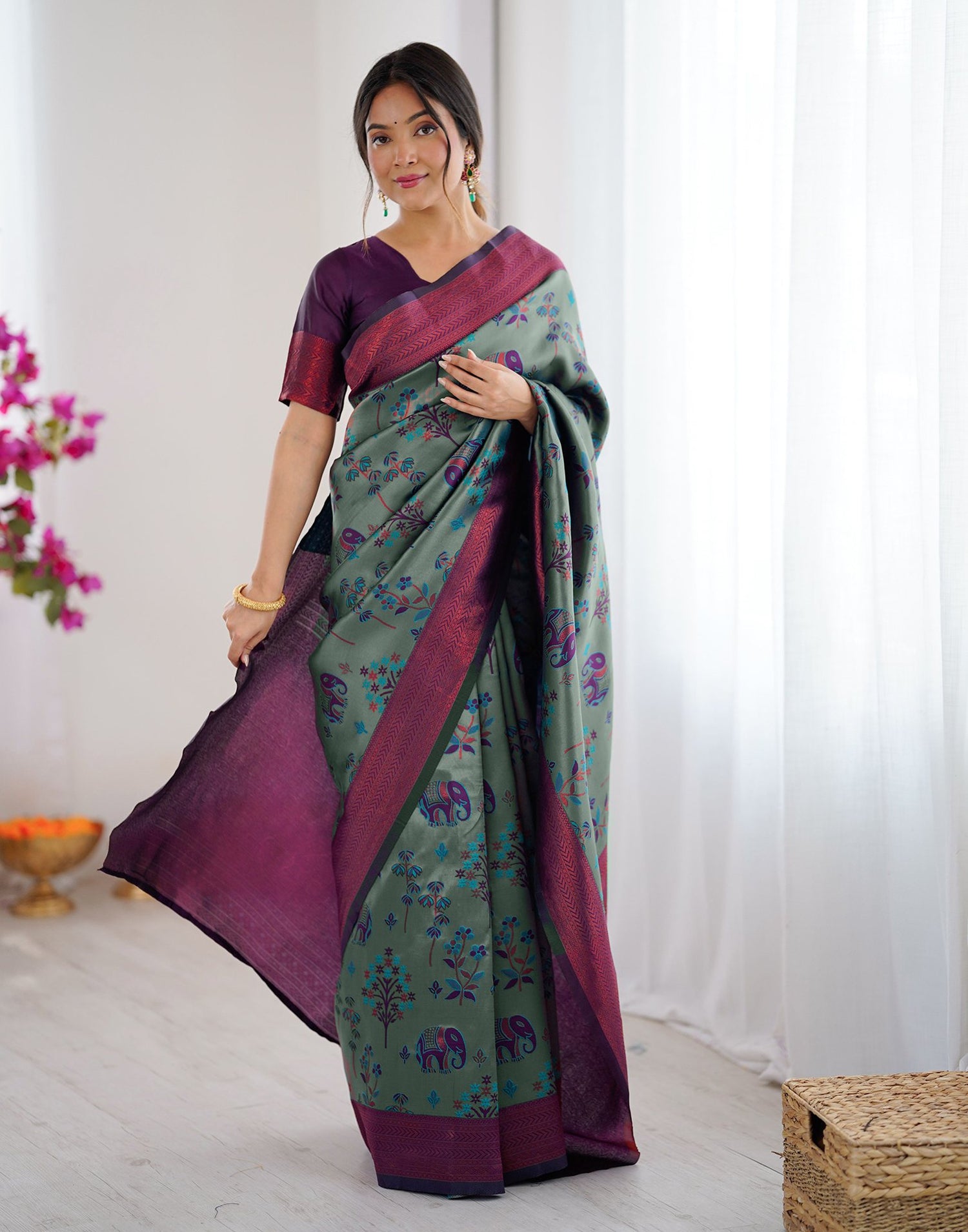 Teal Green Silk Woven Saree