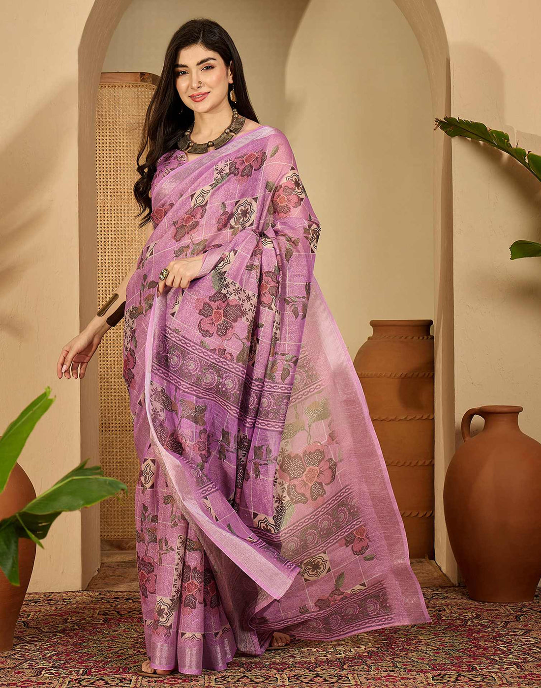 Light Pink Cotton Floral Printed Saree