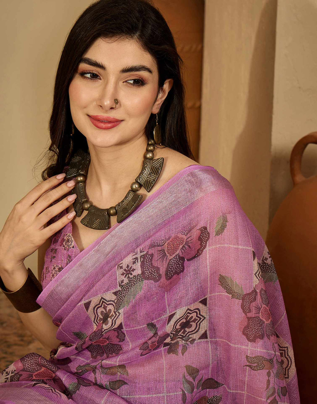 Light Pink Cotton Floral Printed Saree