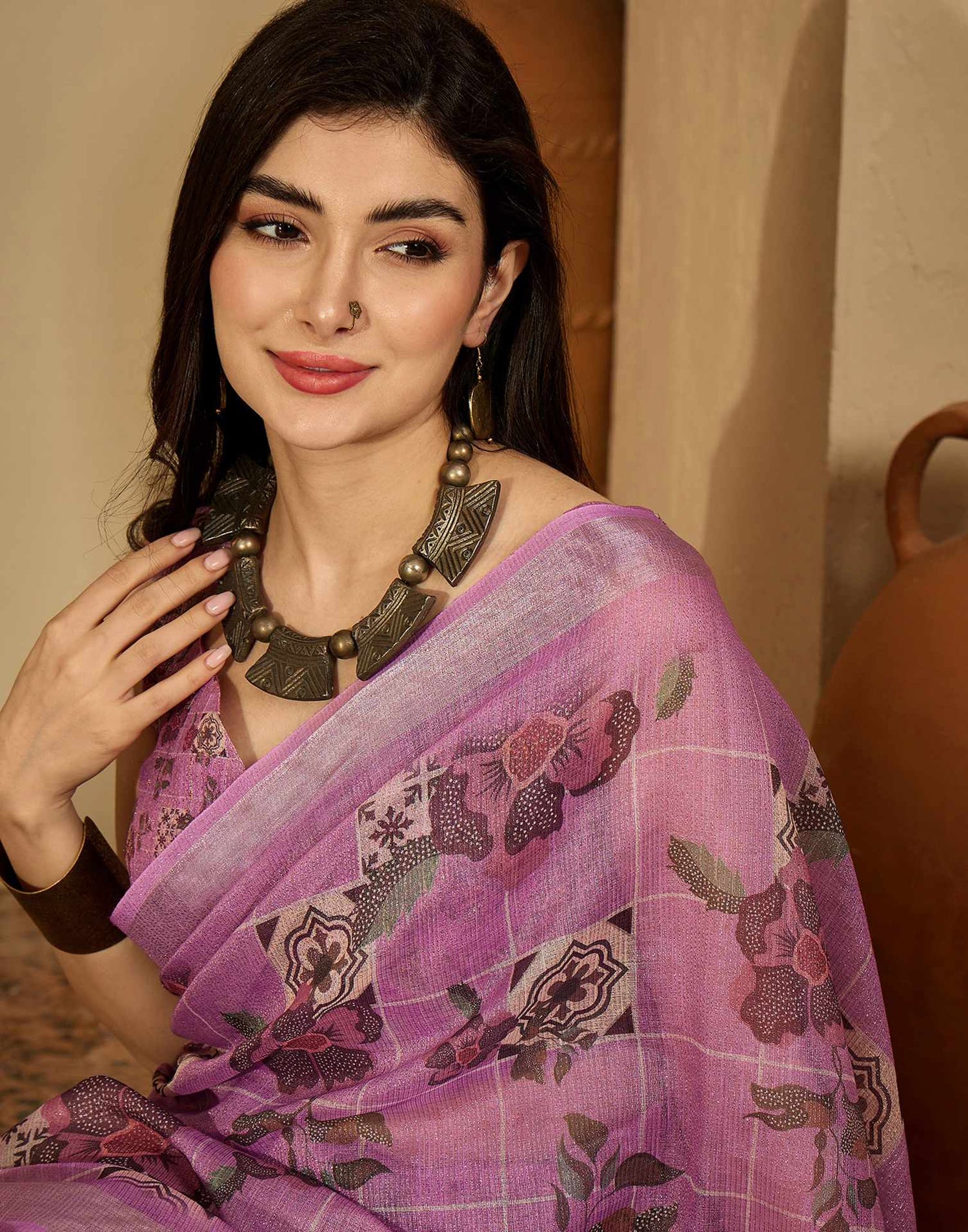 Light Pink Cotton Floral Printed Saree