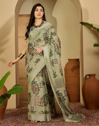 Pista Green Cotton Floral Printed Saree