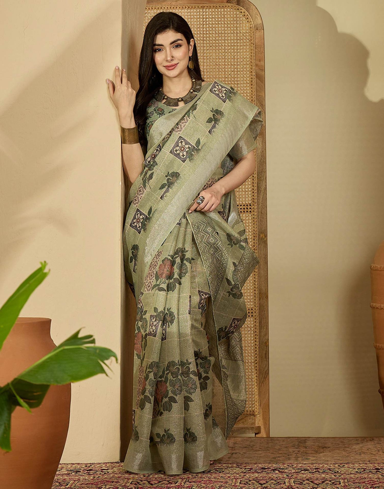 Pista Green Cotton Floral Printed Saree