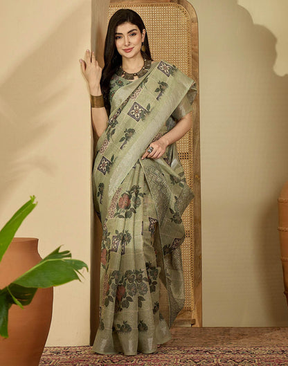 Pista Green Cotton Floral Printed Saree