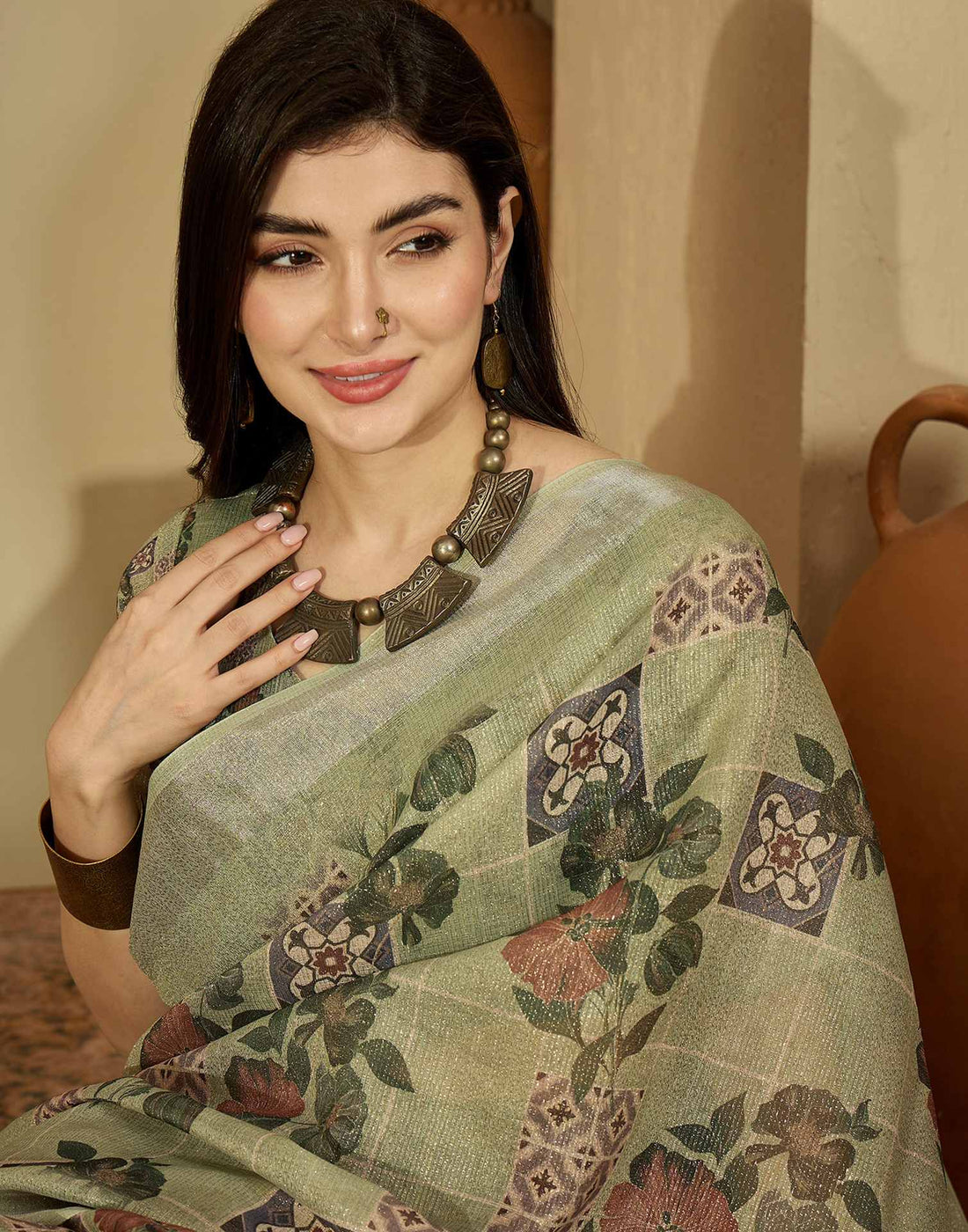 Pista Green Cotton Floral Printed Saree