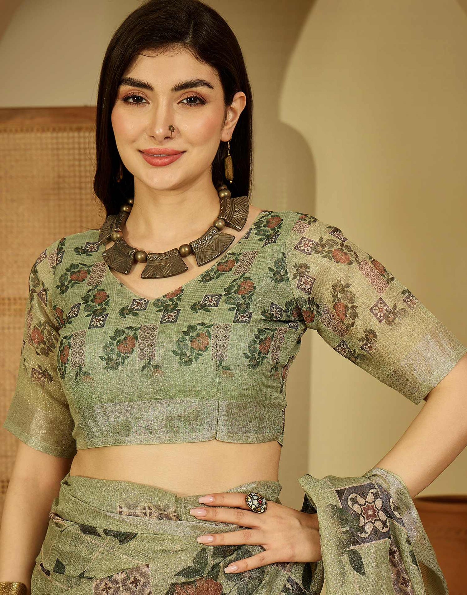Pista Green Cotton Floral Printed Saree