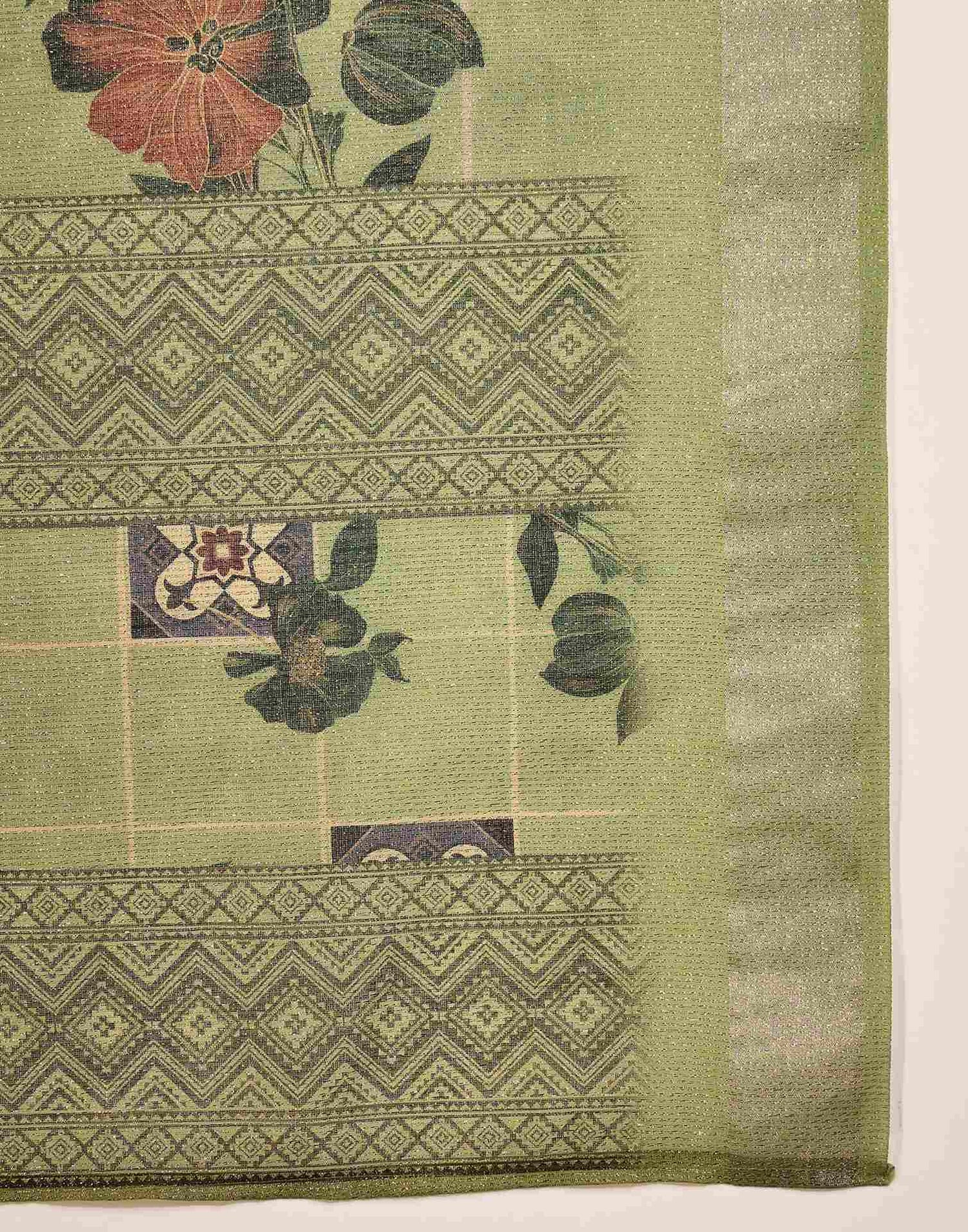 Pista Green Cotton Floral Printed Saree