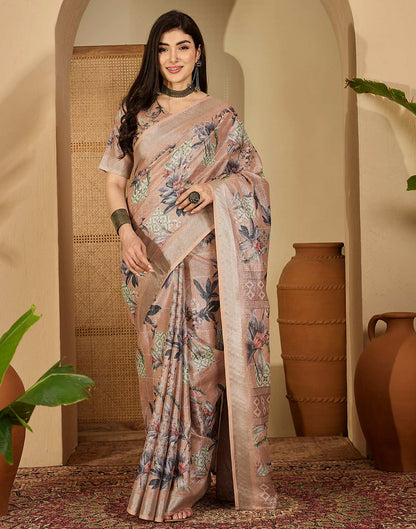 Light Brown Cotton Floral Printed Saree