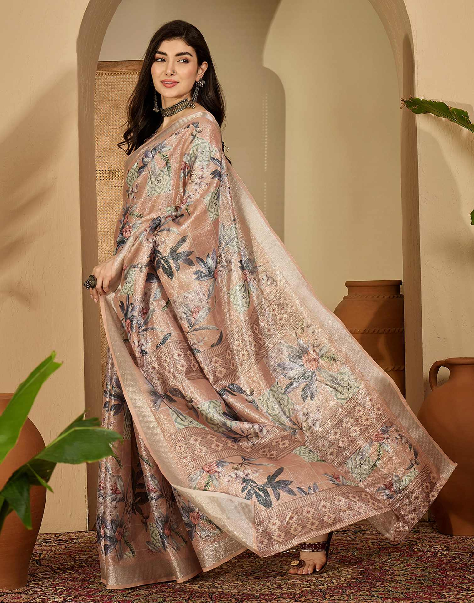 Light Brown Cotton Floral Printed Saree