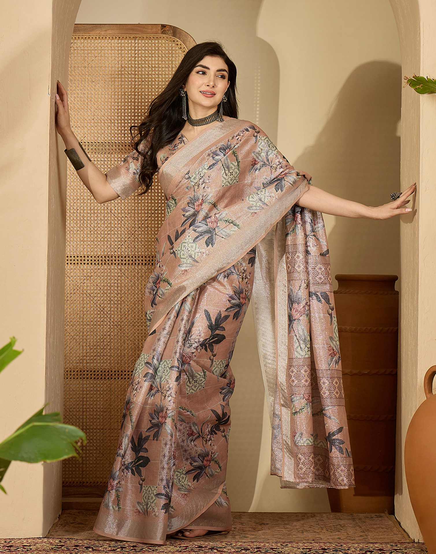 Light Brown Cotton Floral Printed Saree