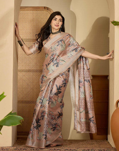 Light Brown Cotton Floral Printed Saree