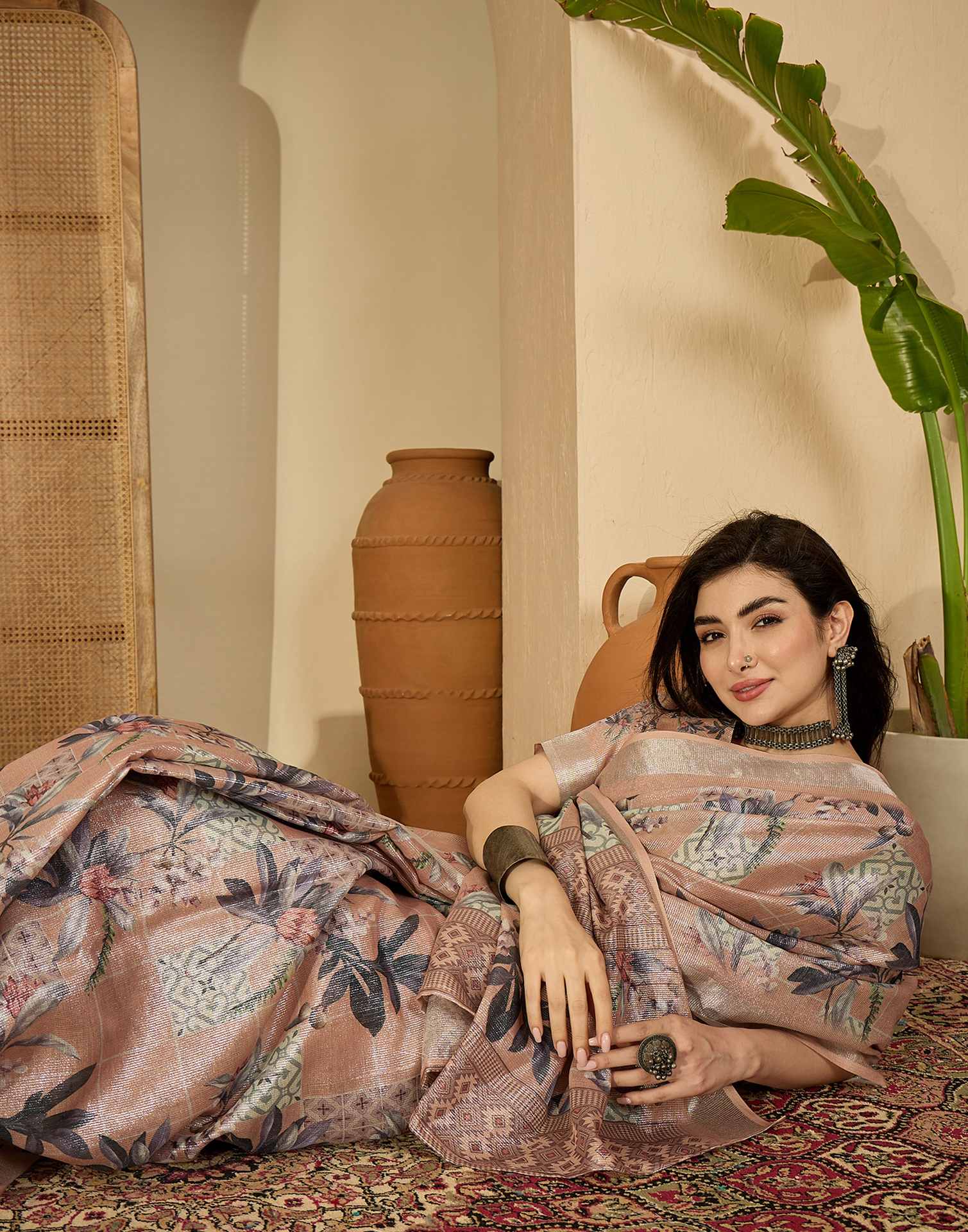 Light Brown Cotton Floral Printed Saree