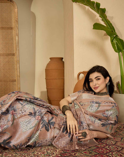 Light Brown Cotton Floral Printed Saree