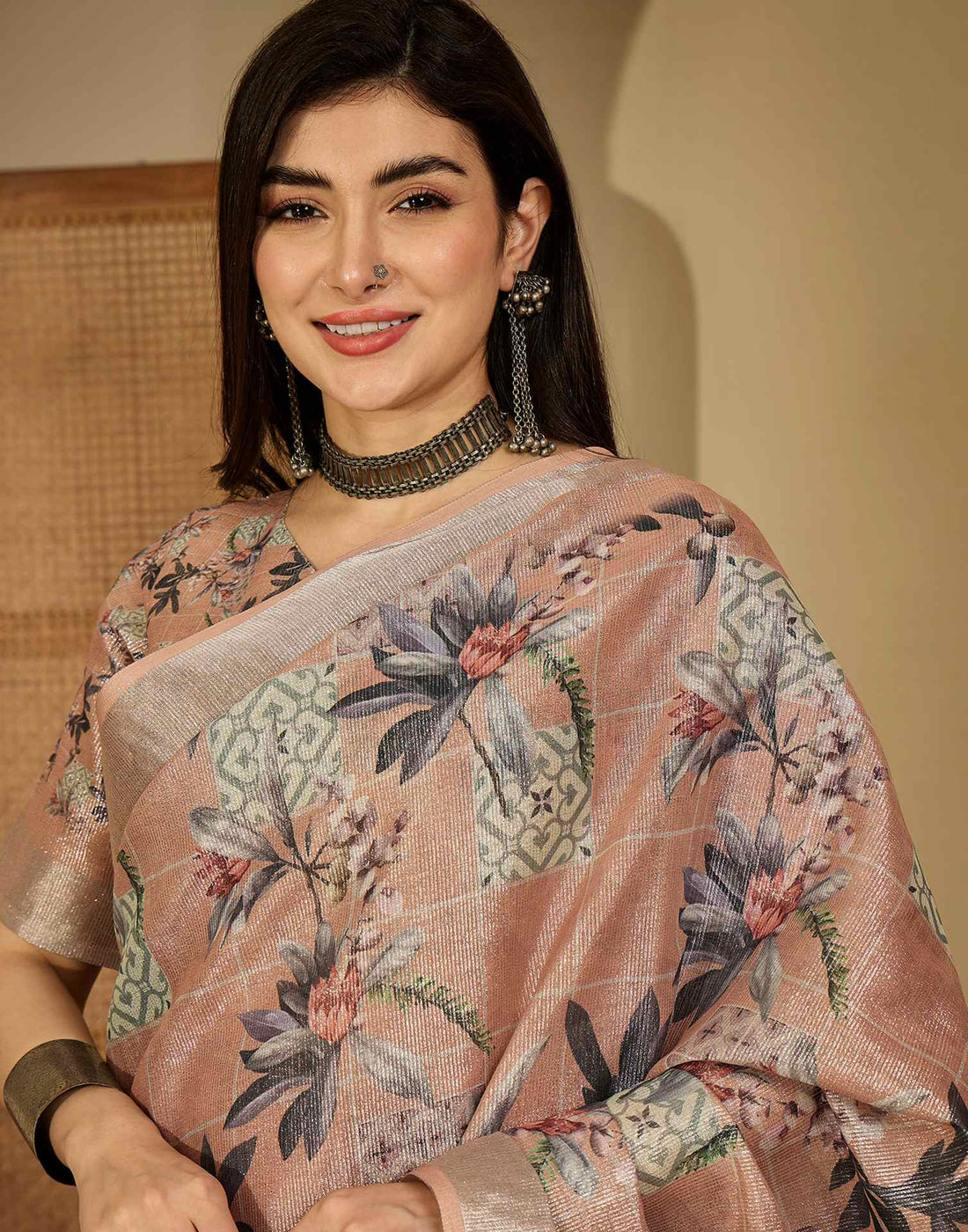 Light Brown Cotton Floral Printed Saree